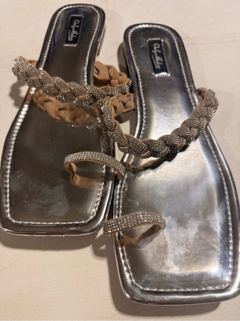 Braided Rhinestone Toe-Ring Sandals — Silver and Tan